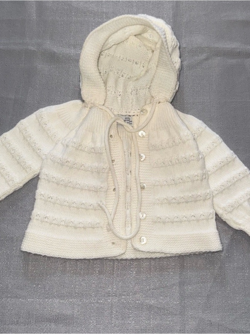 Vintage made in Switzerland Cream Hooded Knit Baby Cardigan 3-6 months